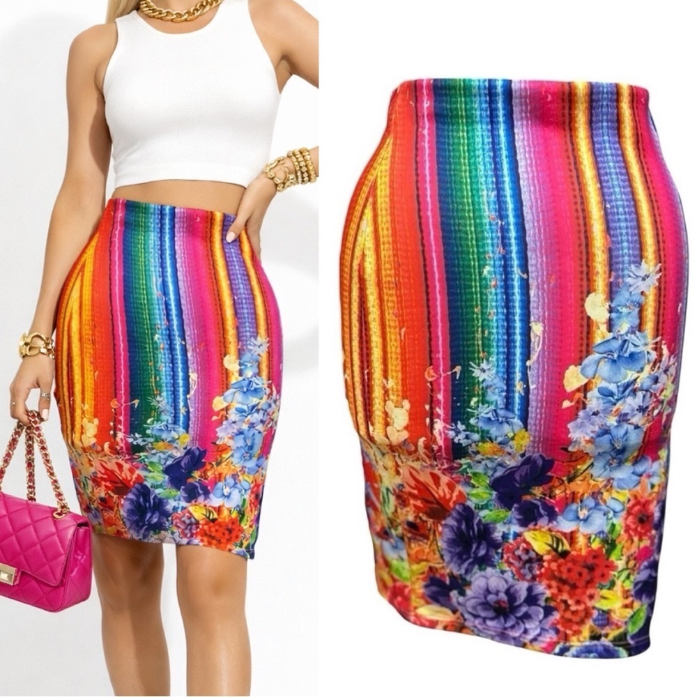 077 Top 10 | USA NWOT Multicolor Rainbow Striped Floral Bodycon Pencil Skirt (S)